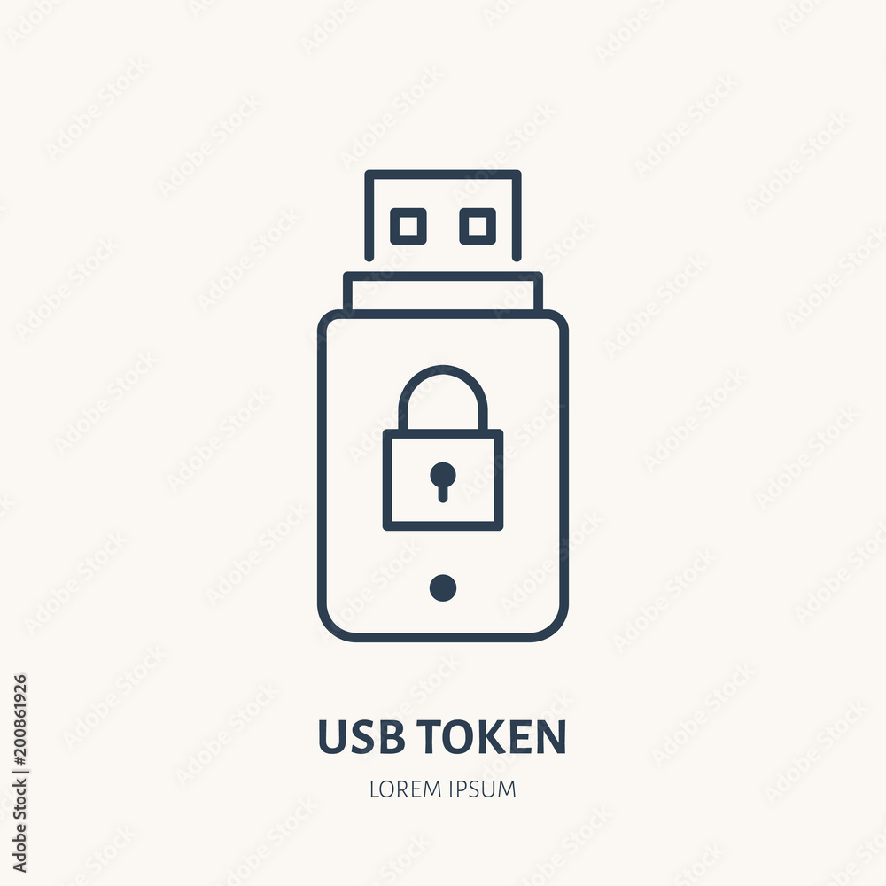 Usb token, identity vector flat line icon. Electronic security sign, banking technology. Usb token, identity vector flat line icon. Electronic security sign, banking technology.