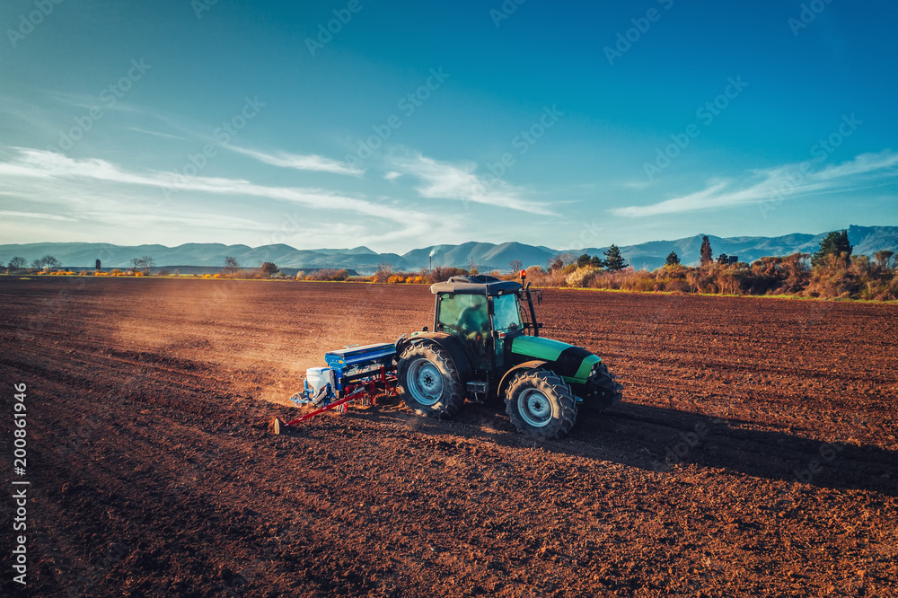 Fototapeta premium Farmer with tractor seeding crops at field