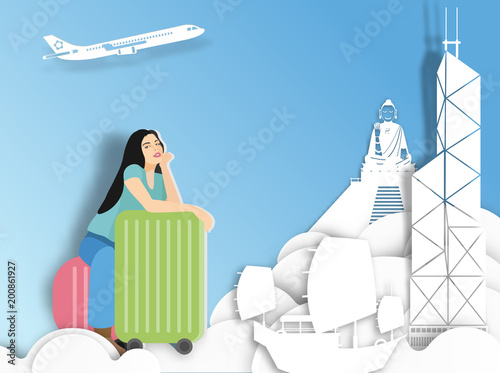 Travelling woman with suitcase on Hongkong background ,  paper cut style .candy color vector style.