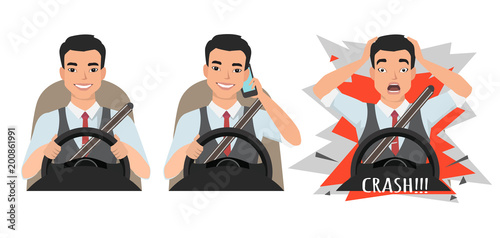asian man driving a car. man driving a car talking on the phone. The man had an accident. crash