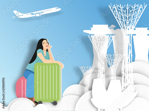 Photography Travelling woman with suitcase on Singapore background ,  paper cut style
