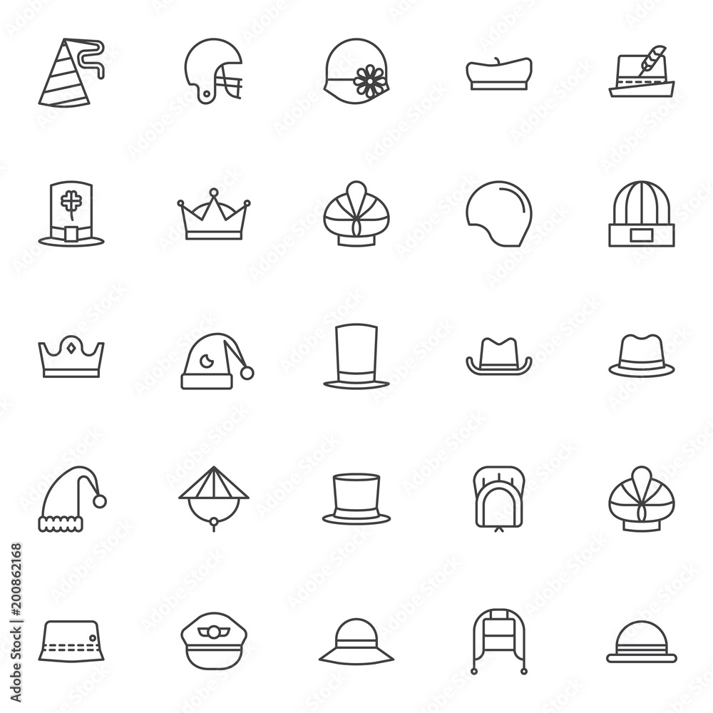 Headdress accessories outline icons set. linear style symbols collection, line signs pack. vector graphics. Set includes icons as american football helmet, women's hat bowler, beret, german Stock Vector | Adobe