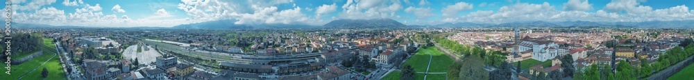 Lucca at sunset, Tuscany. Panoramic aerial view in Spring