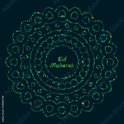 Eid Mubarak illustration with green, glitter mandala. Arabic, islamic, muslim eastern background.