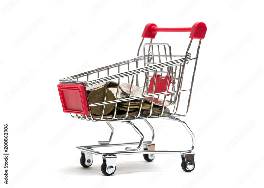 Korean coins and shopping cart on white background : economy concept