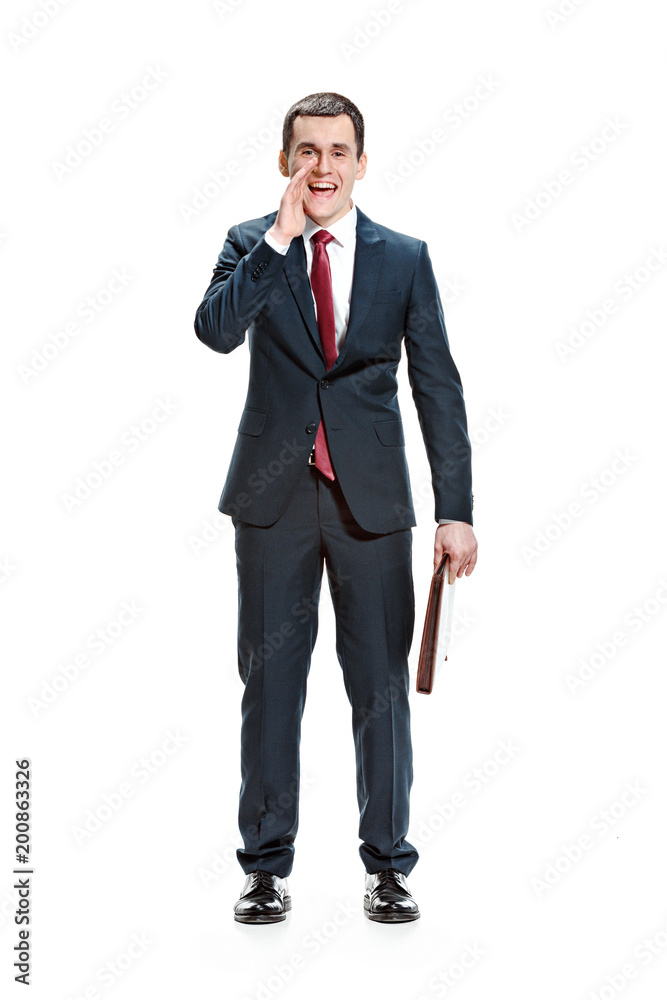 Full body portrait of businessman with folder on white Full body portrait of businessman with folder on white