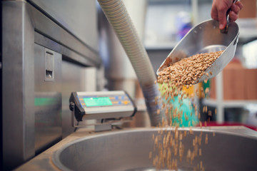 Image of scoop with coffee beans, industrial scales