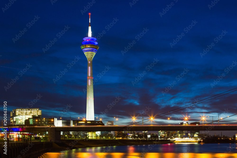 Dusseldorf - Germany. night scene includes media tower and bridge on Rhine river