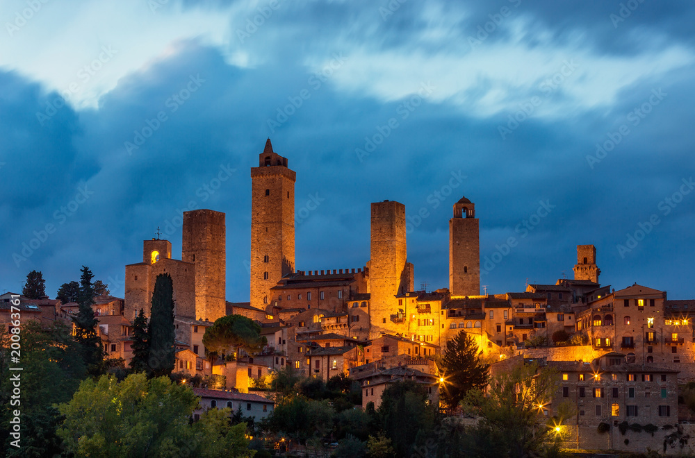 Beautiful night view of the medieval town San Gimignano, Tuscany, Italy