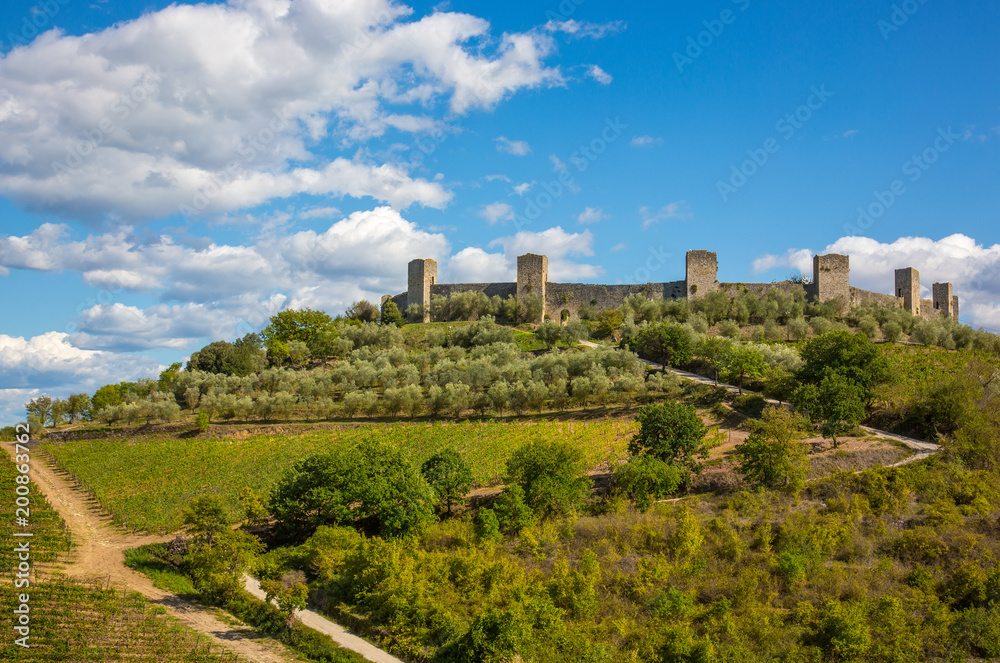 View of ancient fortress of Monteriggioni, Tuscany. Italy