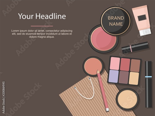 Makeup cosmetics set. Various beauty products isolated on brown background. Vector Illustration	