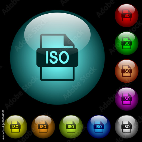 ISO file format icons in color illuminated glass buttons