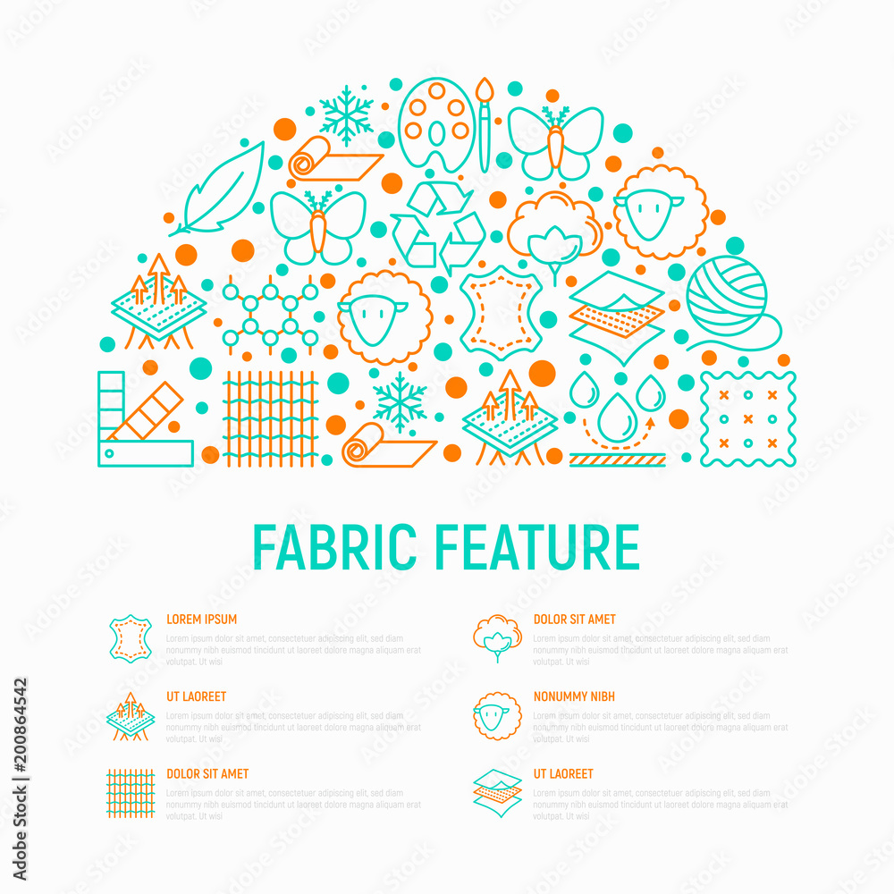 Fabric feature concept in half circle with thin line icons: leather, textile, cotton, wool, waterproof, acrylic, silk, eco-friendly material, breathable. Modern vector illustration, web page template Fabric feature concept in half circle with thin line icons: leather, textile, cotton, wool, waterproof, acrylic, silk, eco-friendly material, breathable. Modern vector illustration, web page template