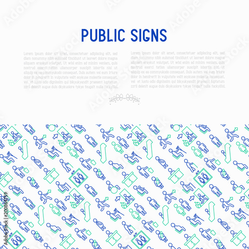 Public signs concept thin line icons: information stand, fire or emergency exit, use trash can, seats for pregnant women, disabled, elderly people, woman with child, elevator, WC. Vector illustration.