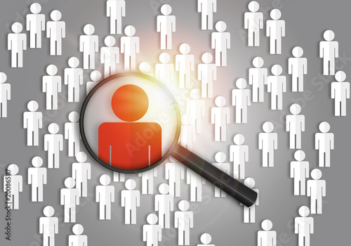 Searching for the best job candidate and people finder concept looking for the right person to stand out from the crowd.  Top pick and best choice for fitting the skillset that HR is looking for.