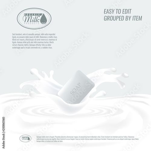 Vector Soap with milk splash. Soap advertisement design or banner background.