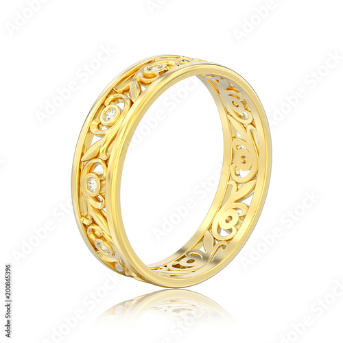 3D illustration isolated yellow gold matching couples wedding diamond ring bands with reflection