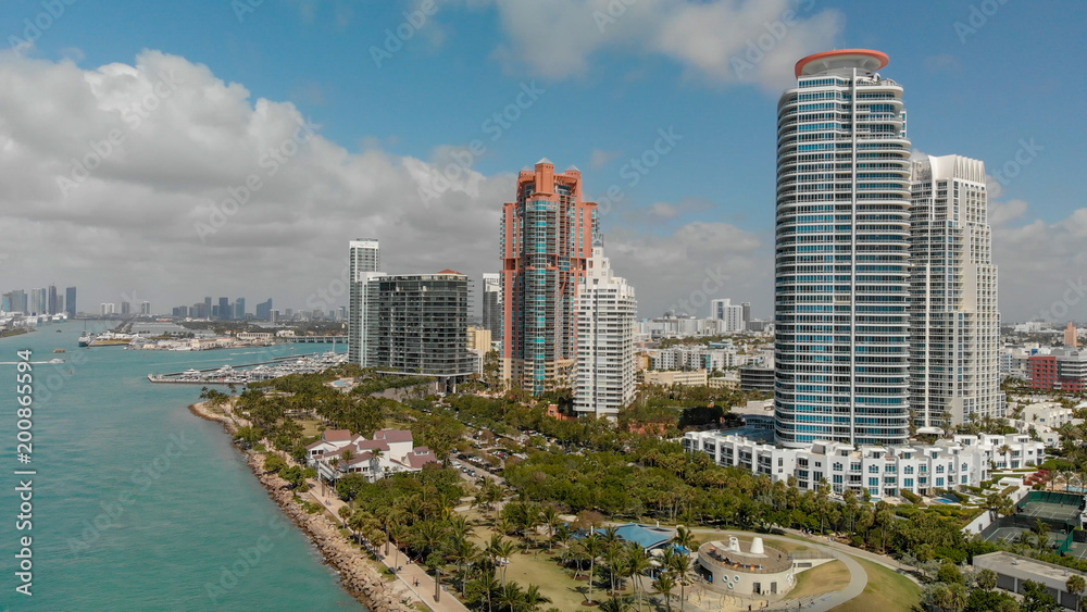 Aerial view of Miami skyline from South Pointe Park, Florida