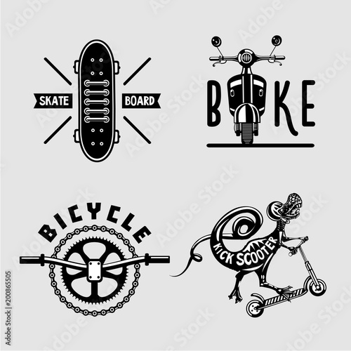 Urban exterme sport set. Vintage city transportation embleme collection. Blac...