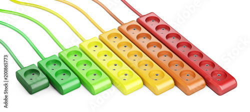 Energy efficiency rating concept. Row from color electrical extension strip.