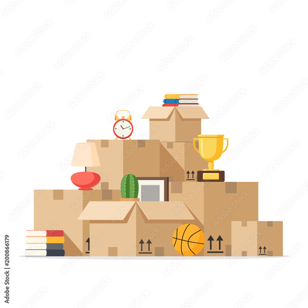 Moving with boxes to new home. Pile of stacked cardboard boxes. Vector stock illustration in flat style isolated on white background Moving with boxes to new home. Pile of stacked cardboard boxes. Vector stock illustration in flat style isolated on white background