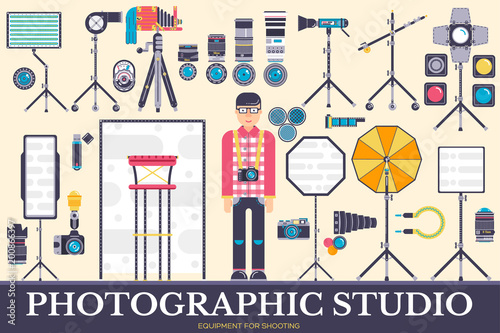 Equipment of the photographer icons design illustration set. Flat Photo studio items concept. Vector camera, lenses and other staff background 