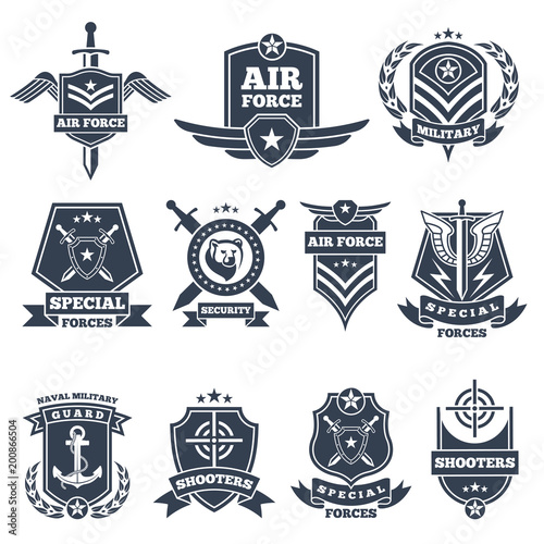 Military logos and badges. Army symbols isolated on white background
