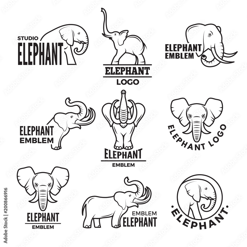 Stylized illustrations of elephants. Templates for logo design