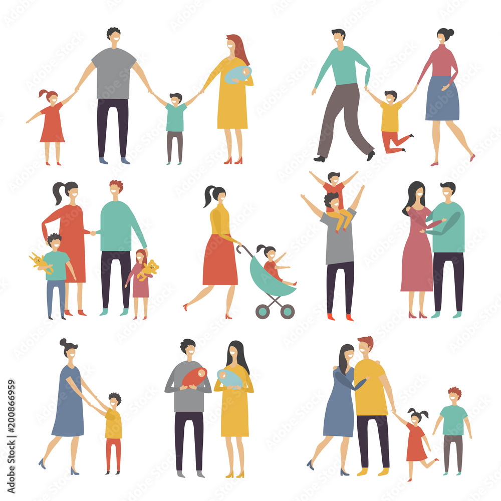 Mother father and childrens. Illustrations of happy family. Pictures of lifestyle