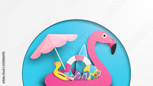 illustration of pink flamingo swim ring and beach equipment in summer. Paper cut and craft style. Vector, illustration.