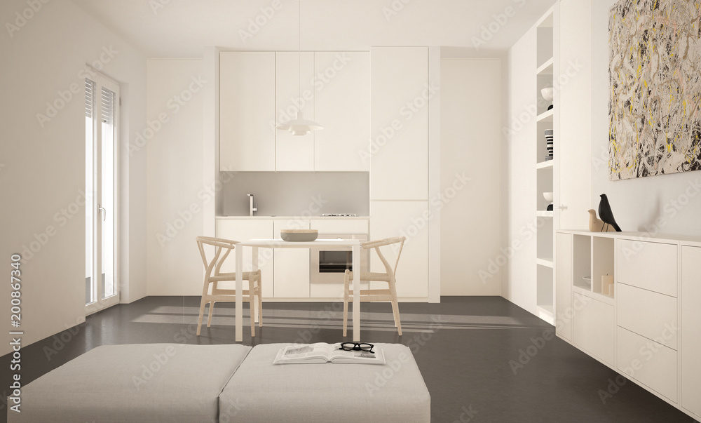 Minimalist modern bright kitchen with dining table and chairs, big windows, white and gray architecture interior design Minimalist modern bright kitchen with dining table and chairs, big windows, white and gray architecture interior design