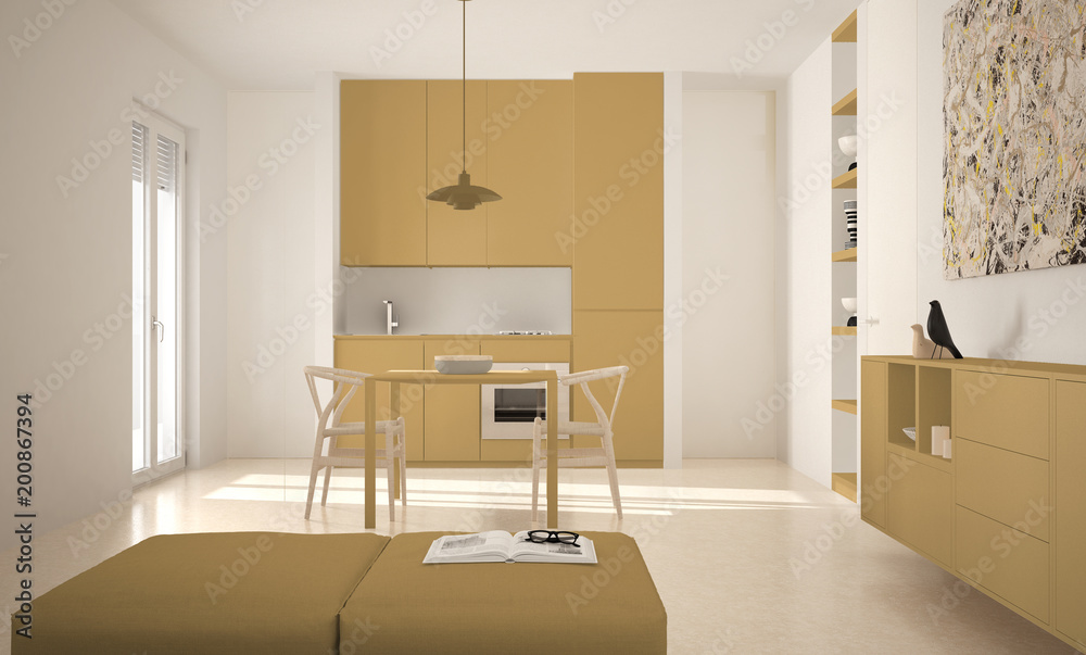 Minimalist modern bright kitchen with dining table and chairs, big windows, white and yellow architecture interior design Minimalist modern bright kitchen with dining table and chairs, big windows, white and yellow architecture interior design