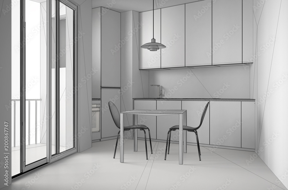 Unfinished project of minimalist modern kitchen with big window and dining table with chairs, white architecture interior design
