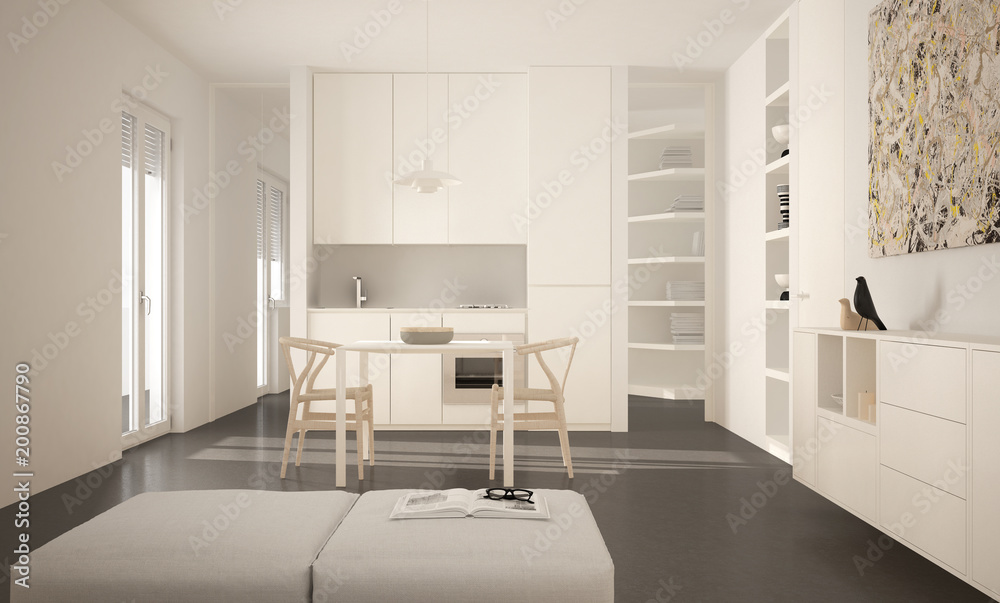 Minimalist modern bright kitchen with dining table and chairs, big windows, white and gray architecture interior design Minimalist modern bright kitchen with dining table and chairs, big windows, white and gray architecture interior design