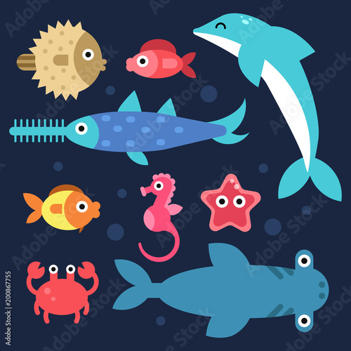 Fishes and others underwater animals. Stylized flat illustrations