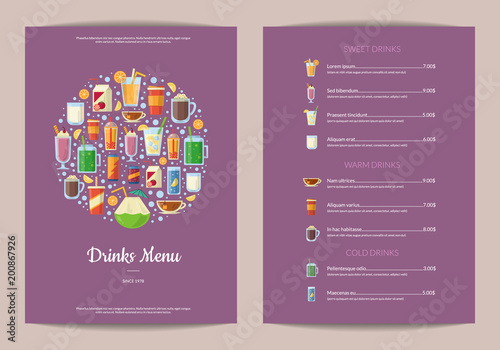 Vector vertical menu template with nonalcoholic drinks in glasses, like smoothie, tea, coffee, juice in flat style