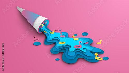 Design ice cream for summer. Blue sea ice cream cone with swim ring topping melts because of hot weather on pink background. Graphic design for Summer. Paper craft and cut style. vector, illustration.