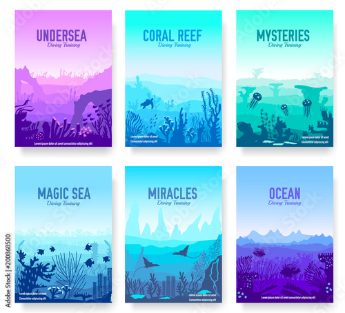Fototapeta Naklejka Na Ścianę i Meble -  dedicated to undersea vector brochure cards set. Coral reef in the ocean template of flyear, magazines, poster, book cover, banners. invitation concept background. Layout illustration modern page