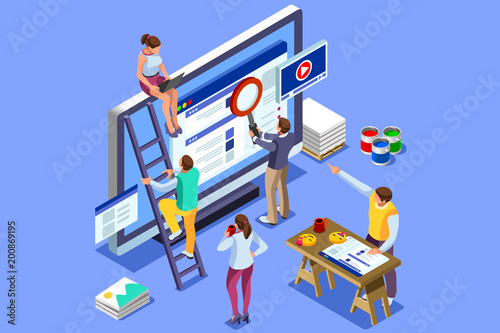Brand vector text with employers working on branding design. Flat Isometric people illustration isolated on blue background. Can use for web banner, infographics, hero images.