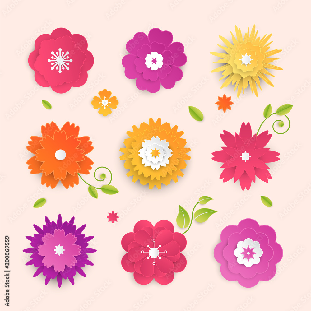 Paper cut flowers - set of modern vector colorful objects