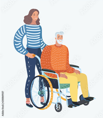 Young woman social worker strolling with elder grey haired man in wheelchair. 