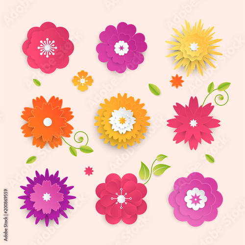 Fototapeta Naklejka Na Ścianę i Meble -  Paper cut flowers - set of modern vector colorful objects