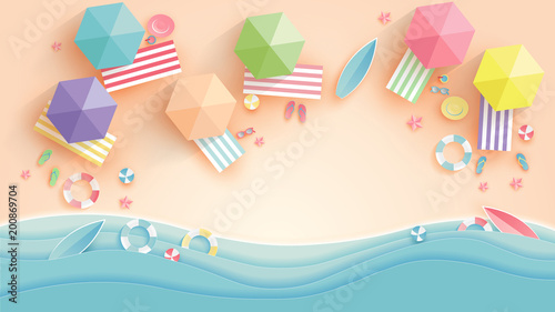 top view beach background with umbrellas,balls,swim ring,sunglasses,surfboard, hat,sandals,juice,starfish and sea. aerial view of summer beach in paper craft style.paper cut and craft style. vector.