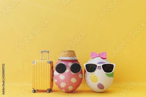 Egg couple tourist with Mock up travel. 3d rendering 