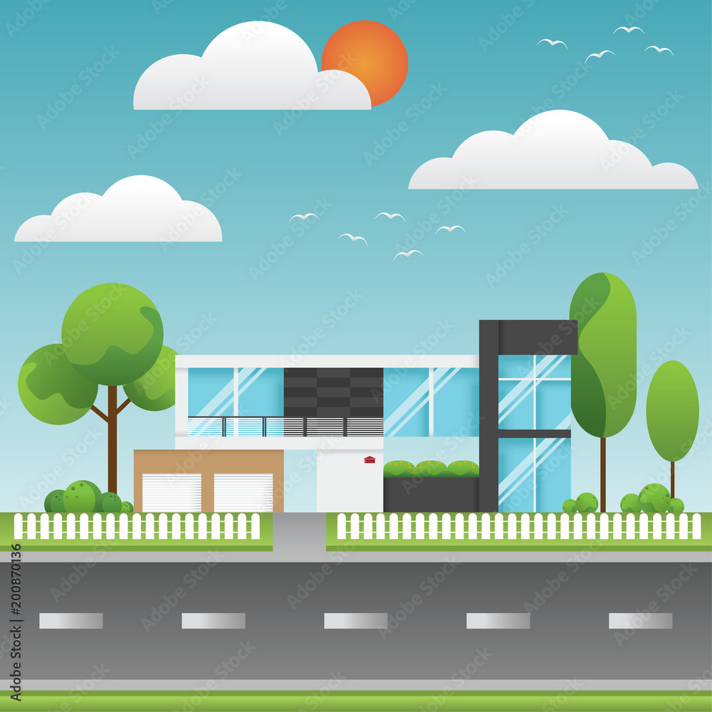 A modern houses and environment with tree and along the roads, Modern building and architecture A modern houses and environment with tree and along the roads, Modern building and architecture