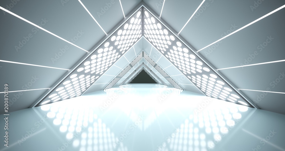 Fototapeta premium 3D Rendering Of Abstract Realistic Triangle Sci-Fi Corridor With Lighted Grid Mesh