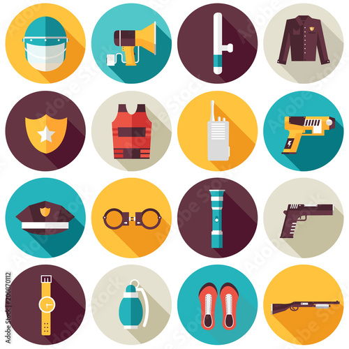 police uniform and set protection icons on isoleted background. Flat style bright concept. Vector illustration for colorful template for you design
