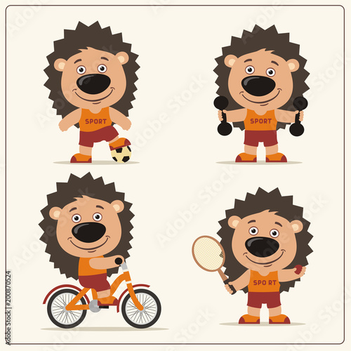 Set of funny hedgehog is engaged in sports. Collection of cartoon hedgehog of the sportsman: football player, with dumbbells, bicyclist, tennis player.