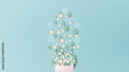 Fototapeta illustration of design bouquet with spring text. bouquet of flowers and text placed on a blue background in spring season. paper cut and craft style. vector, illustration.