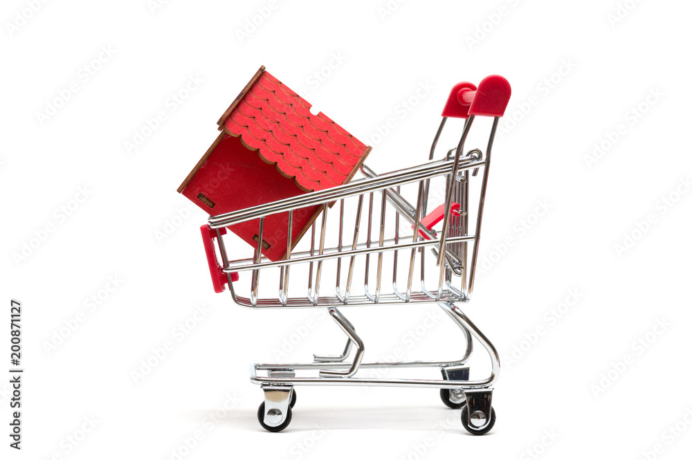 Miniature house and shopping cart on white background : economy concept